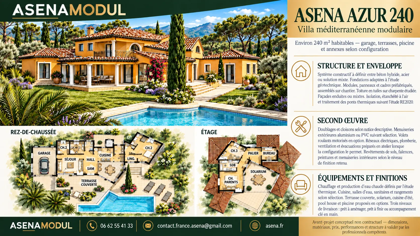ASENA AZUR 240, villa méditerranéenne modulaire avec façades, plans et descriptif technique
