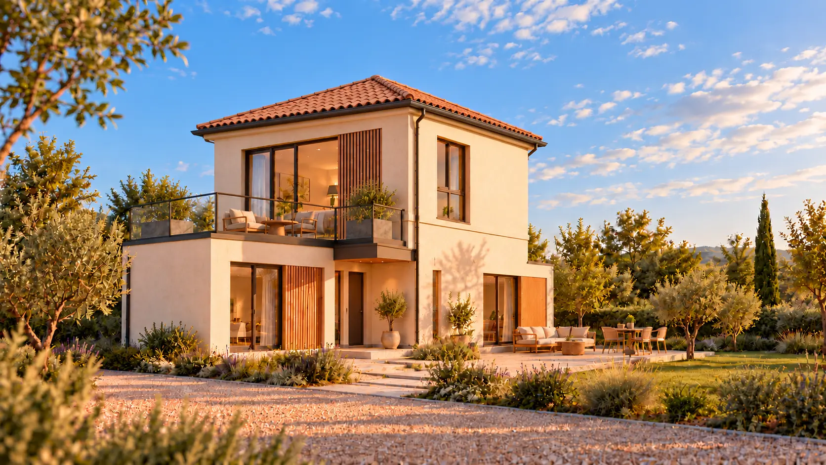 Maison modulaire ASENAMODUL ÉLÉA 112 avec charpente, tuiles et terrasse au premier étage