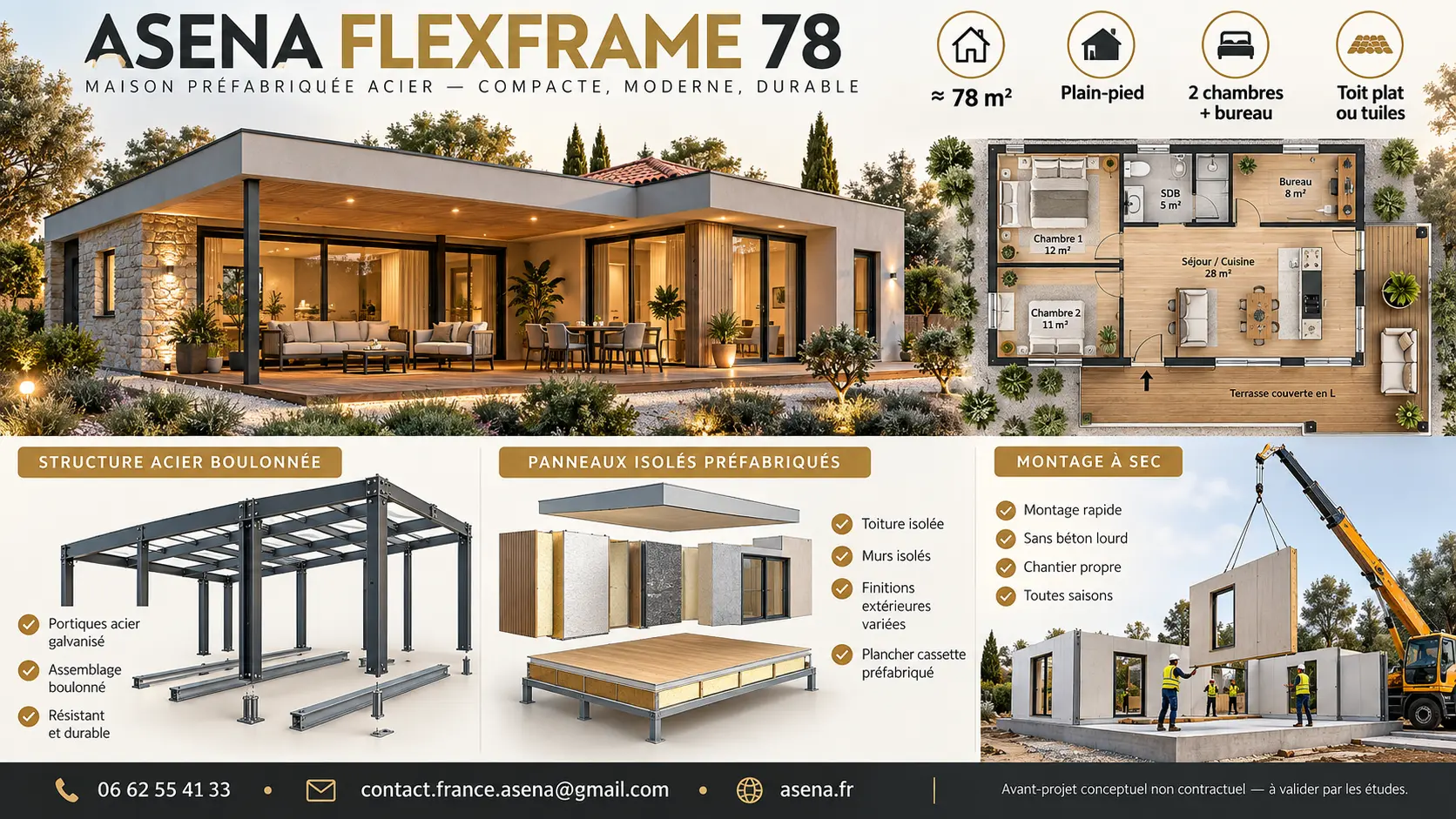 ASENA FLEXFRAME 78, maison métallique compacte de plain-pied