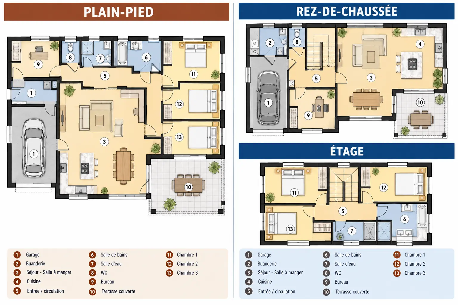 Plans conceptuels ASENAMODUL d’une maison traditionnelle en plain-pied et à étage